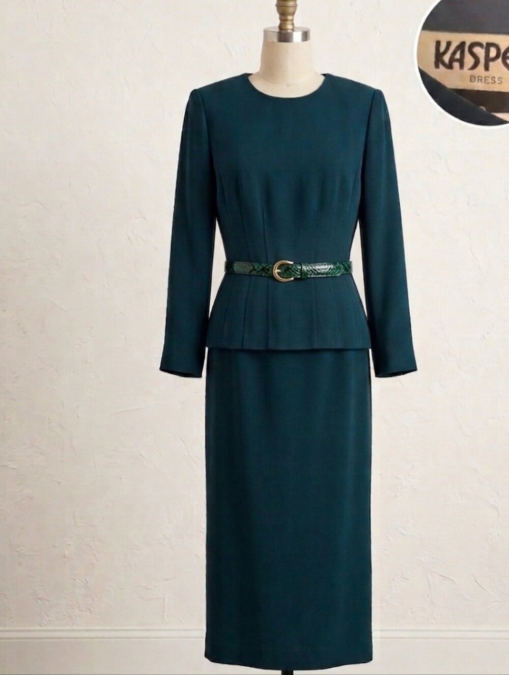 Vintage Kasper Green Illusion Two-Piece Maxi Dress 6 With Belt